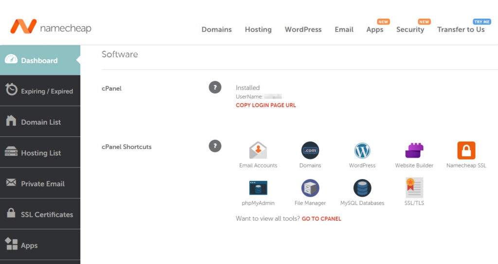 Namecheap Hosting Dashboard
