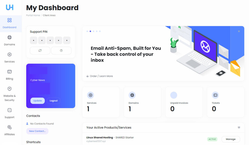 Ultahost Beginner-Friendly Dashboard